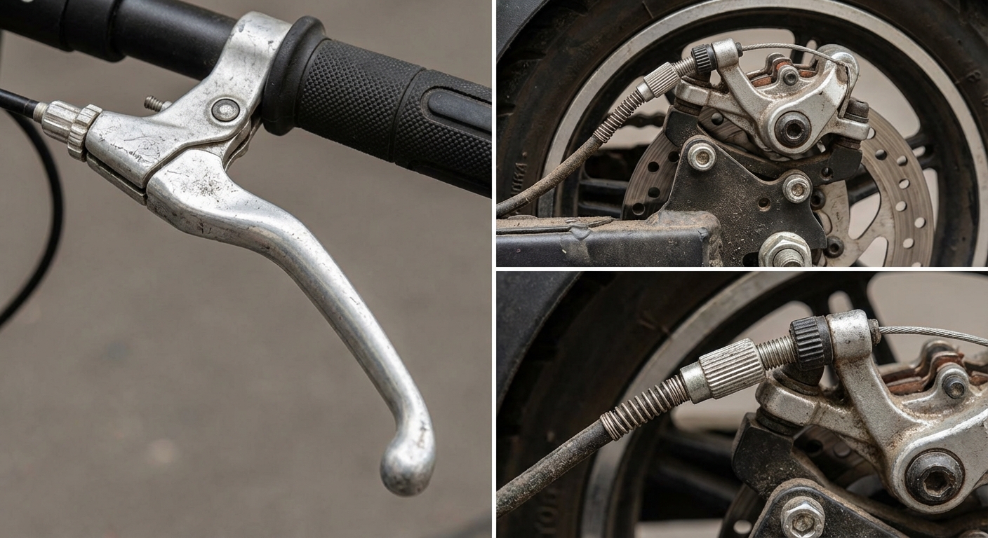 A close-up view of the brake assembly and lever on an electric scooter with a seat.