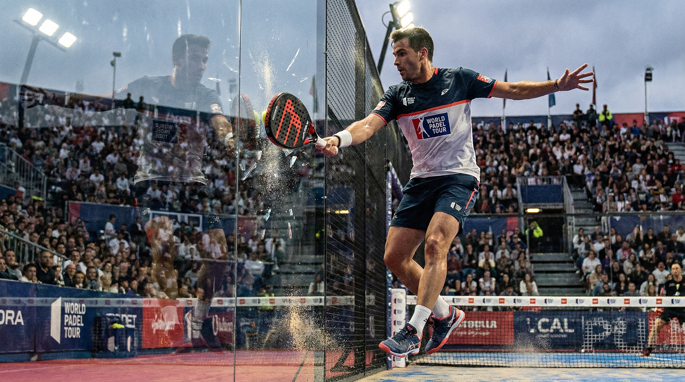 padel player glass wall action shot