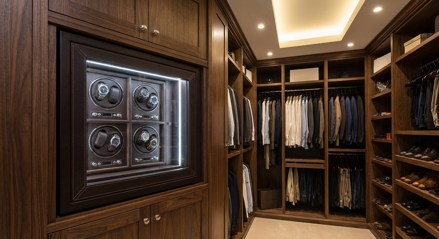A luxury walk-in closet featuring a built-in watch winder safe