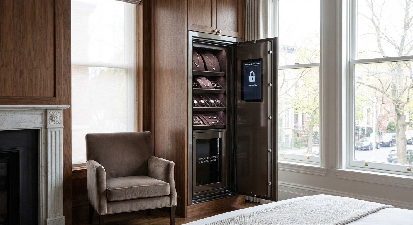 A luxury bedroom jewelry safe integrated into a custom wardrobe