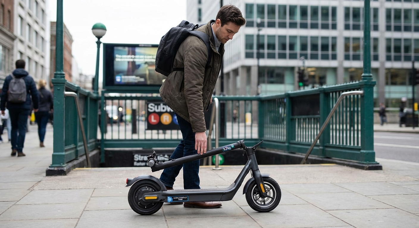A rider easily folding their scooter and carrying it toward a subway entrance.