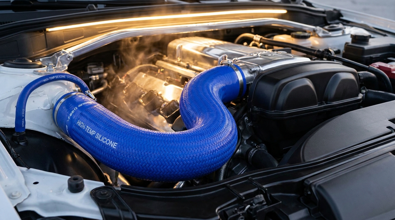 Blue custom silicone radiator hose installed in engine bay