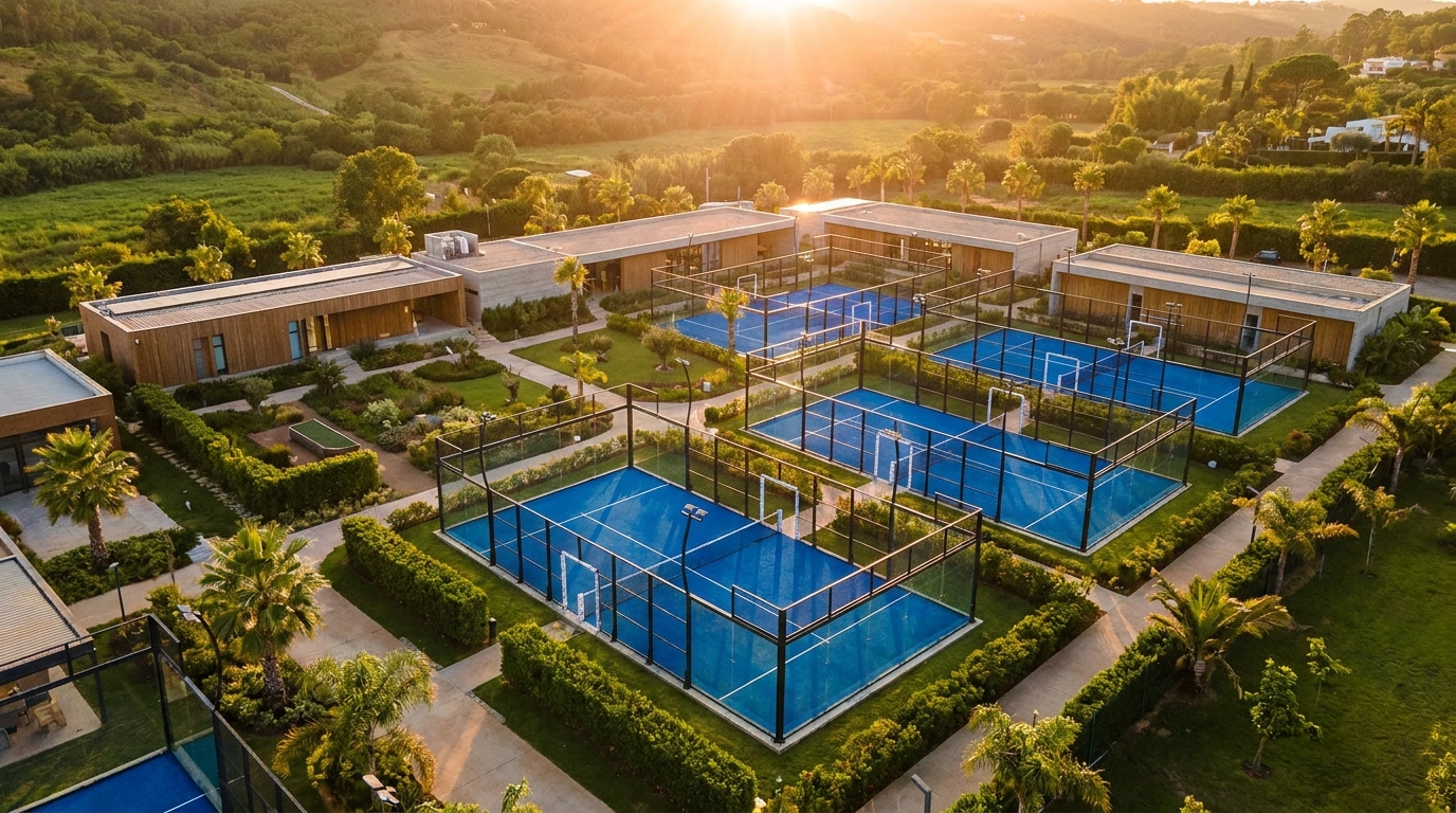 A wide-angle, photorealistic drone shot of a modern padel club with multiple blue courts, surrounded by sleek architecture and lush greenery during the golden hour.