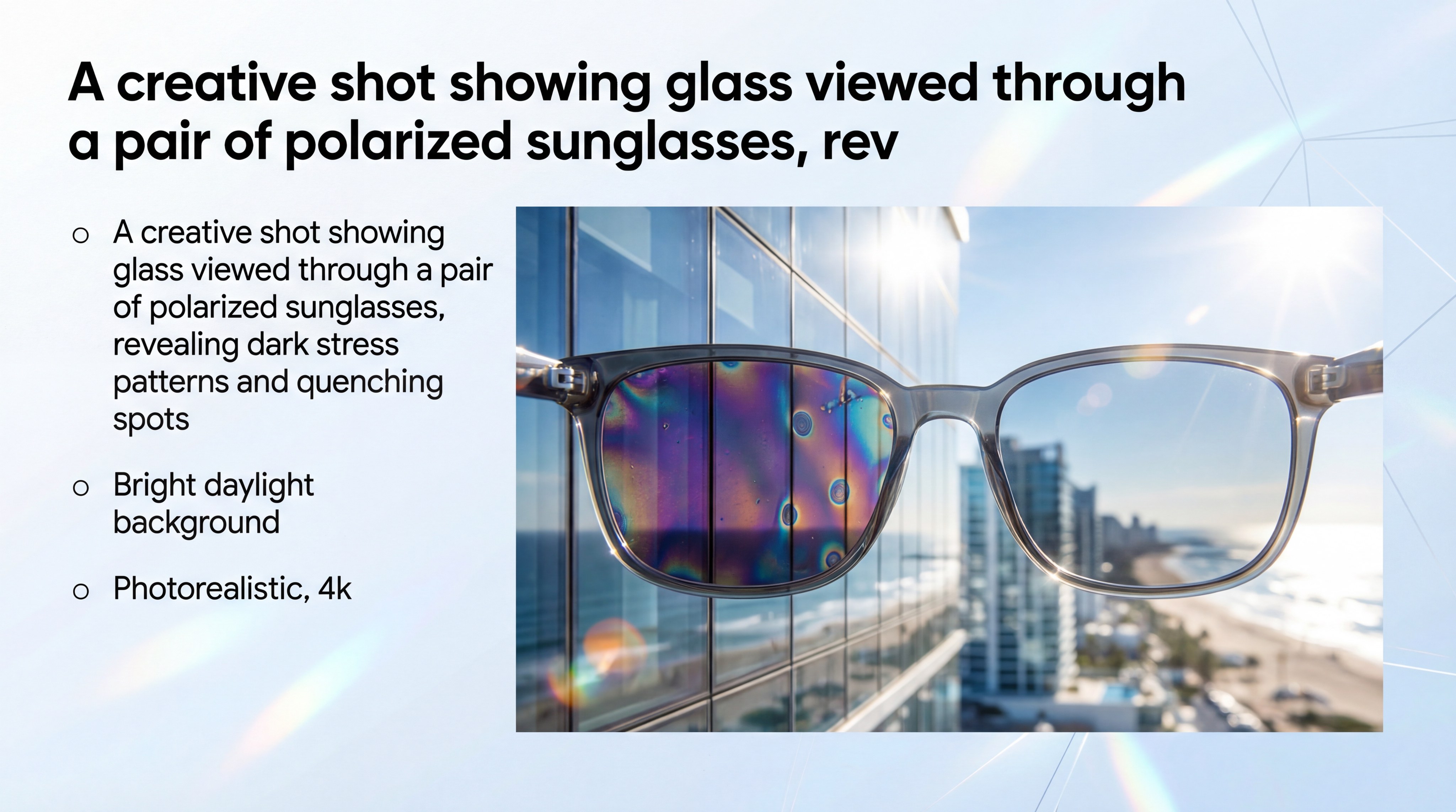 A creative shot showing glass viewed through a pair of polarized sunglasses, revealing dark stress patterns and quenching spots