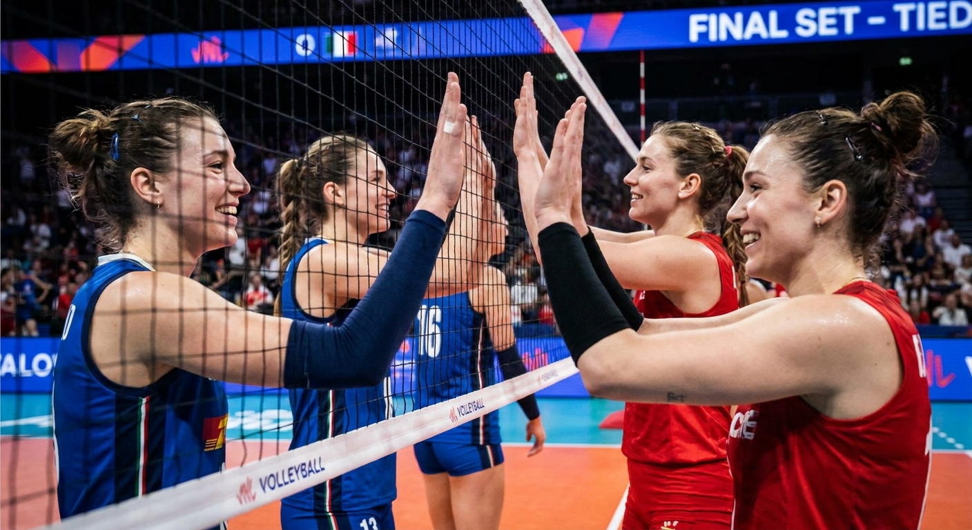 A photorealistic action shot of four players high-fiving over the net after a competitive match on a professional court, capturing a sense of community and sportsmanship.
