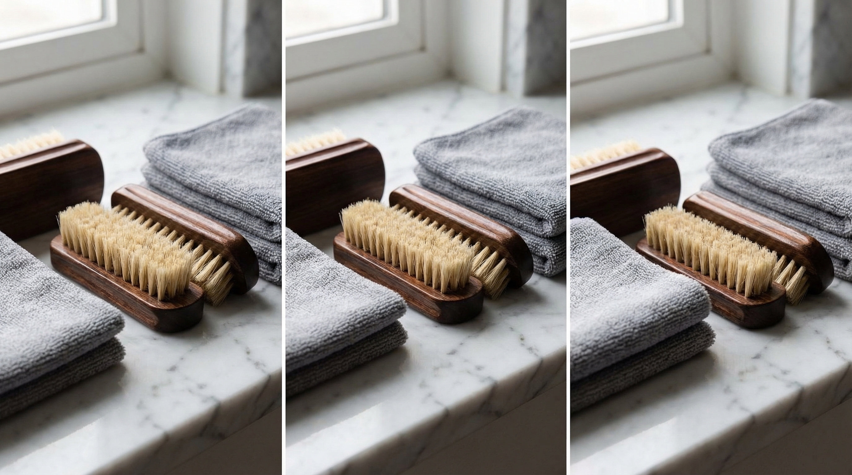 Premium footwear cleaning brushes with natural bristles and microfiber cloths