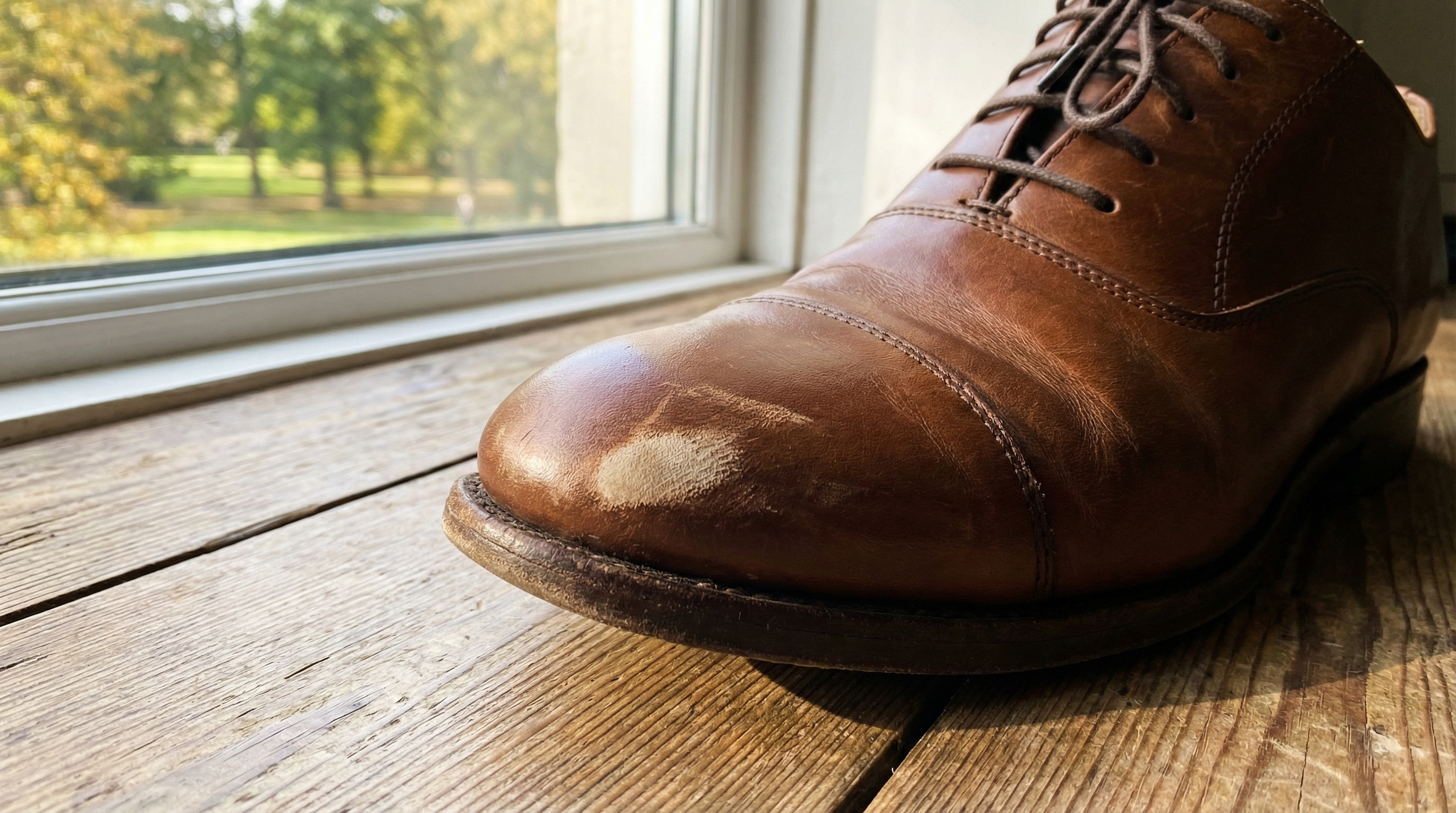 A premium brown leather Oxford shoe with a visible pale scuff mark on the toe cap A premium brown leather Oxford shoe with a visible pale scuff mark on the toe cap
