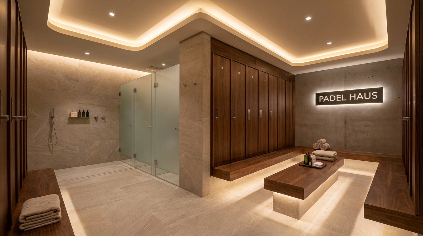 A photorealistic view of a modern Padel Haus locker room