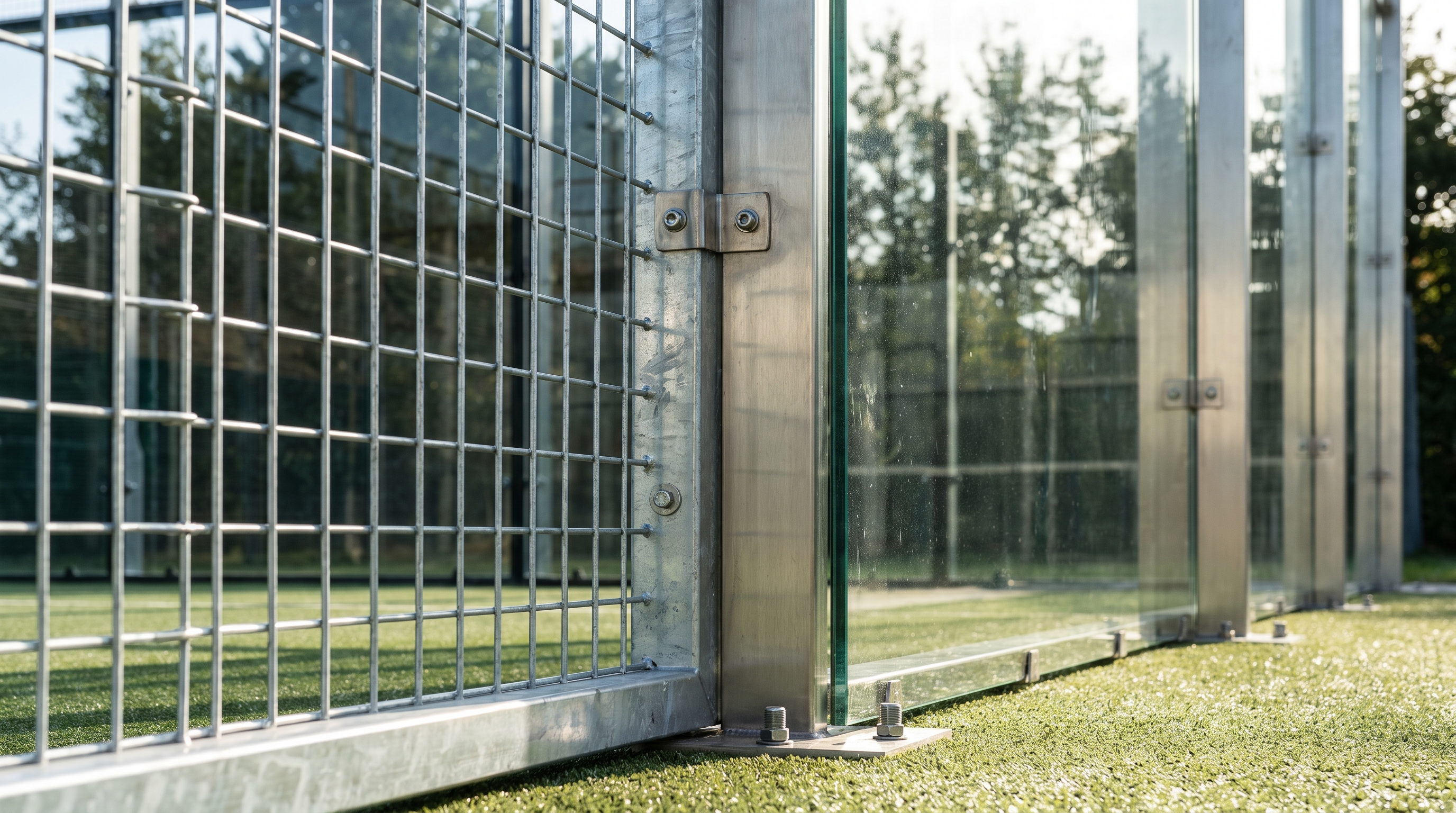 Close-up of padel court glass and mesh structure