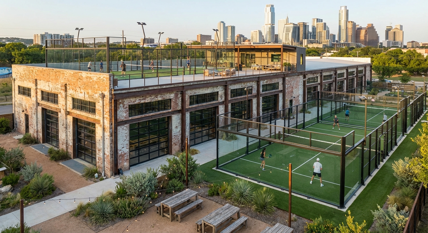 Austin industrial padel center exterior