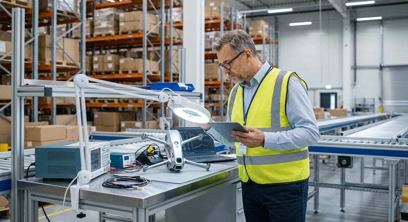 Dedicated private logistics agent executing quality control inspection on a premium drone