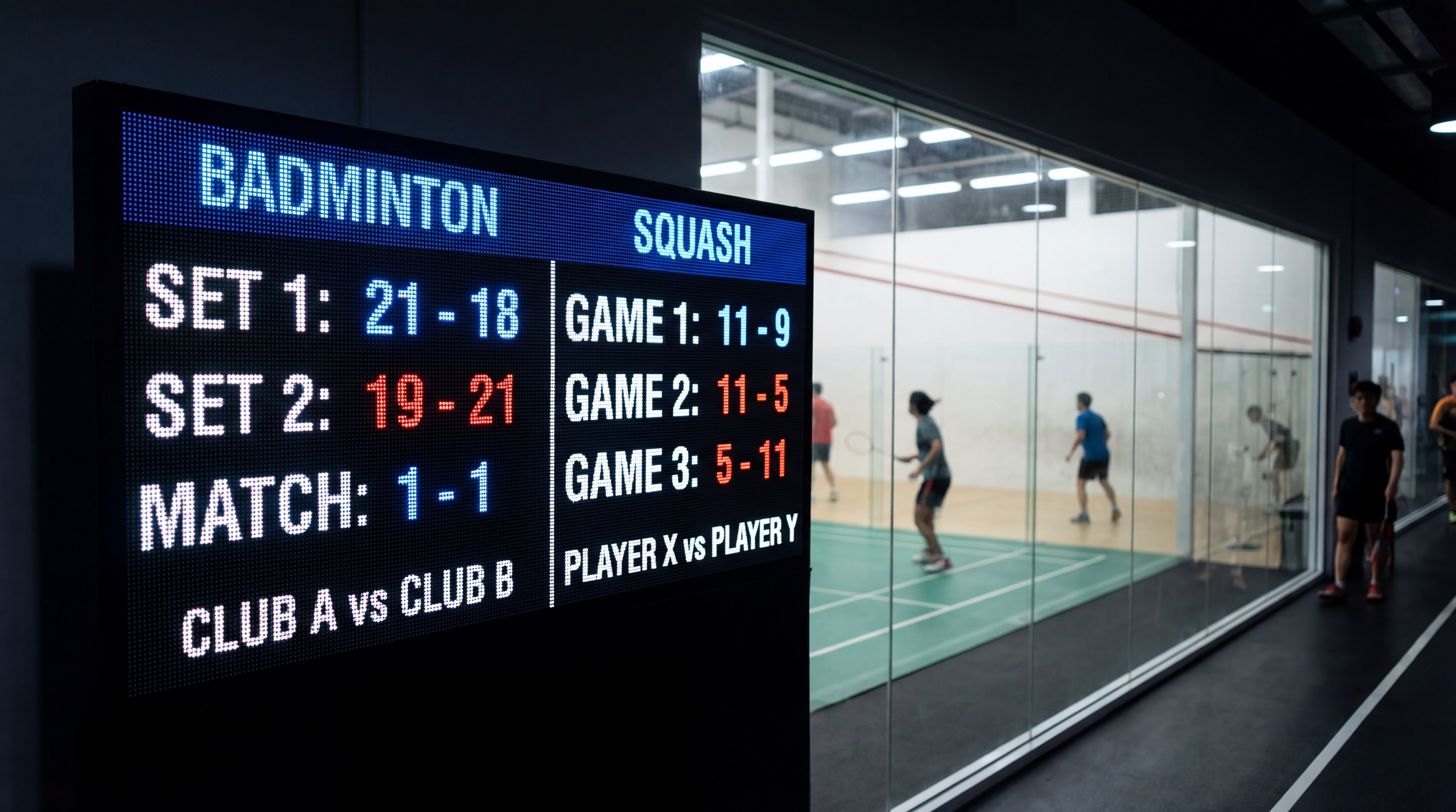 Scoreboard showing racket sports match results