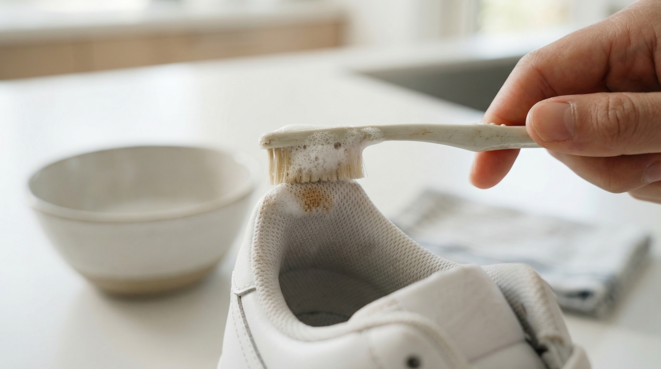 Using a toothbrush and soapy water to scrub the white midsole of a sneaker