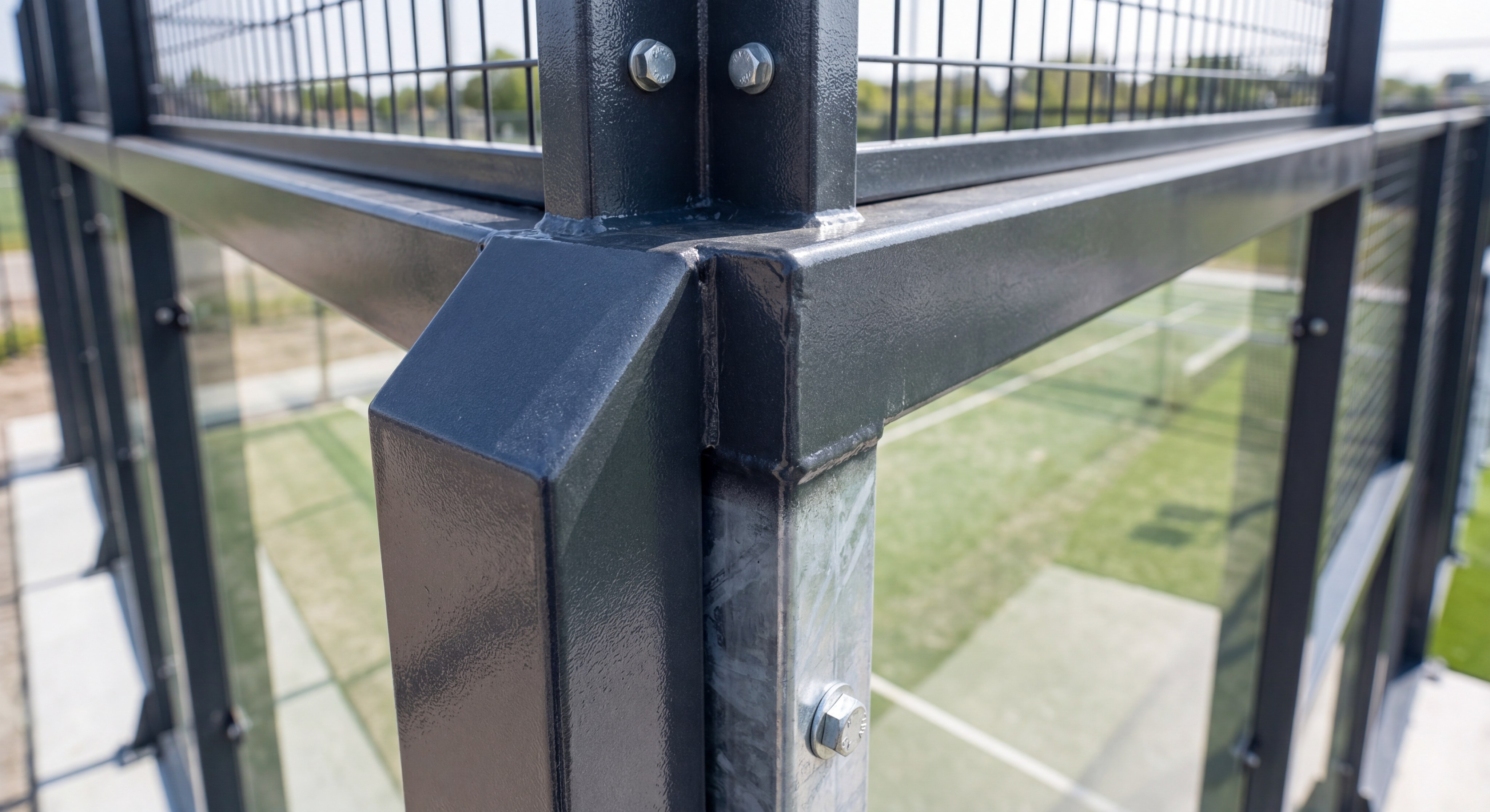 A close-up of a high-quality galvanized steel joint on a padel court frame