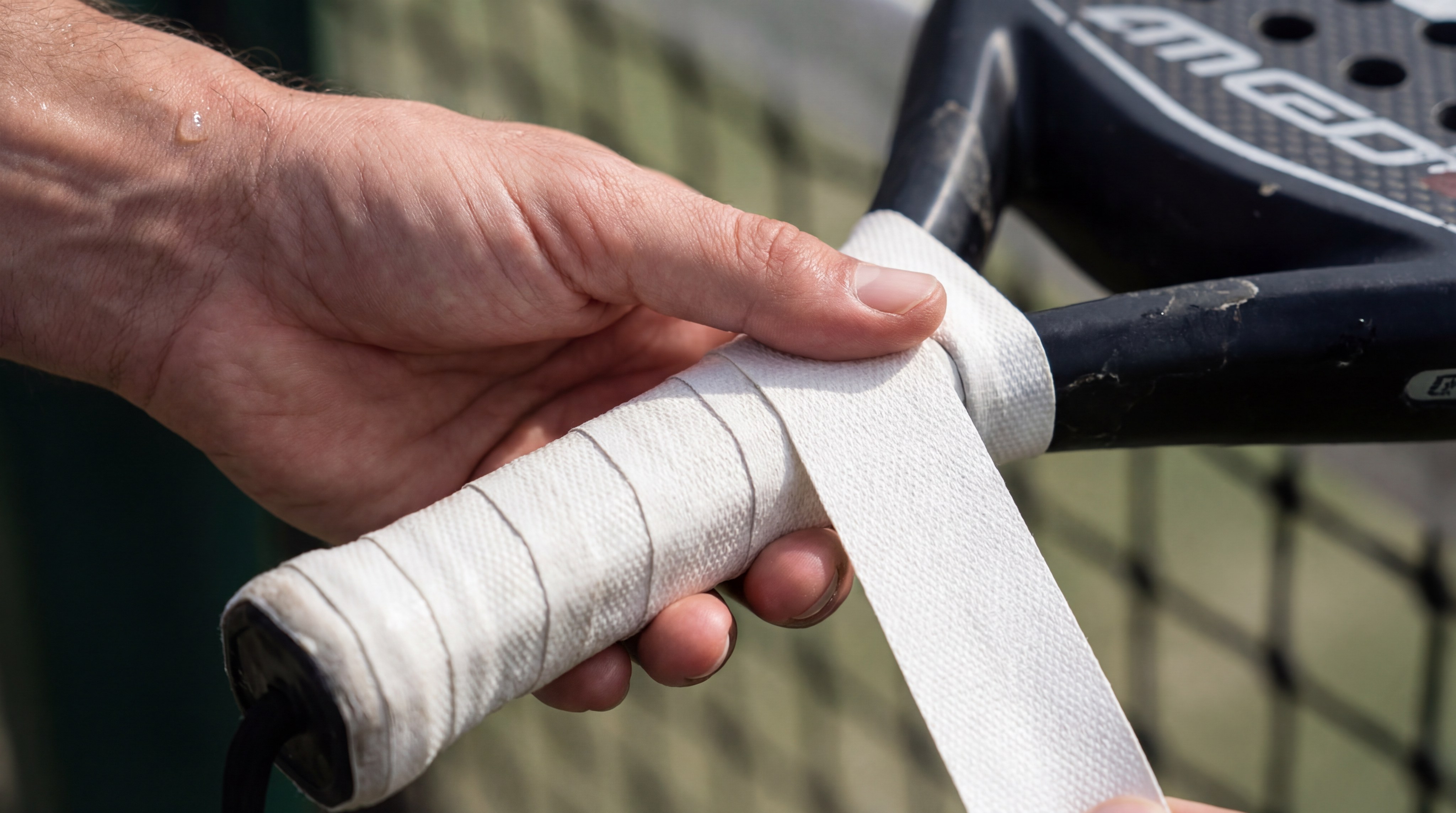 athlete hand applying padel racket overgrip index 6