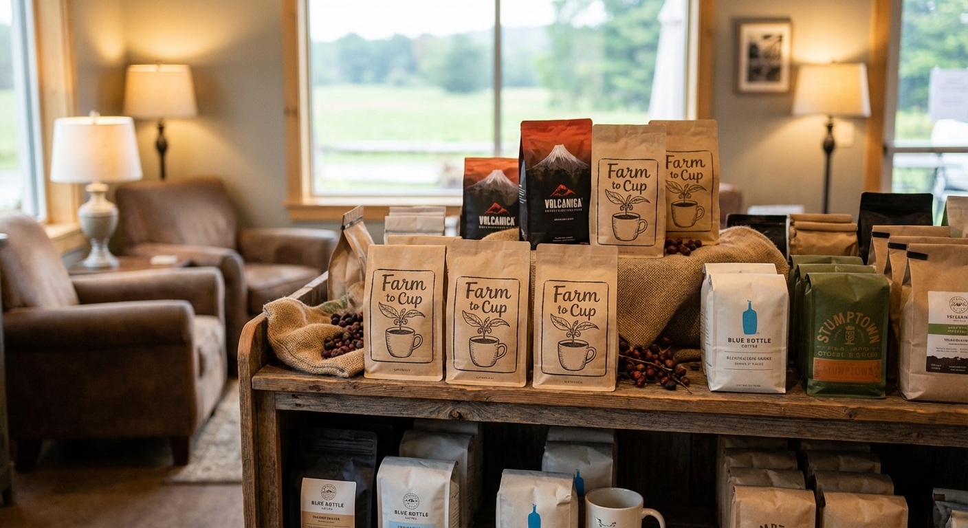 Color-coded coffee storytelling packaging used to communicate roast intensity and flavor notes