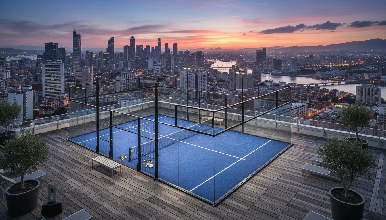 Rooftop panoramic padel court with cityscape