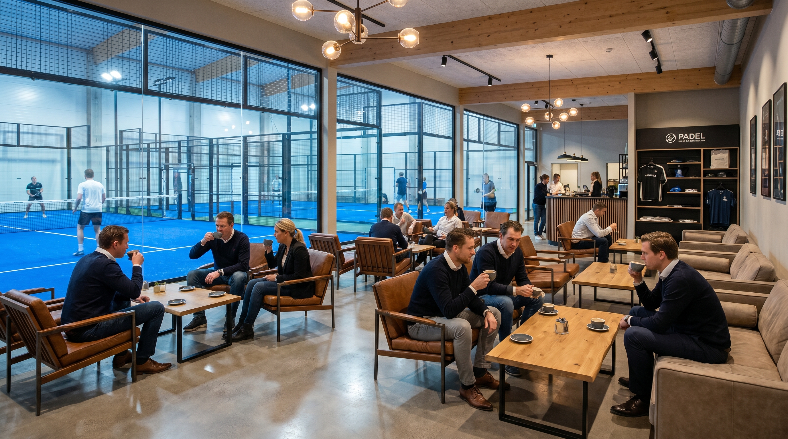 interior of a luxury padel club lounge with members