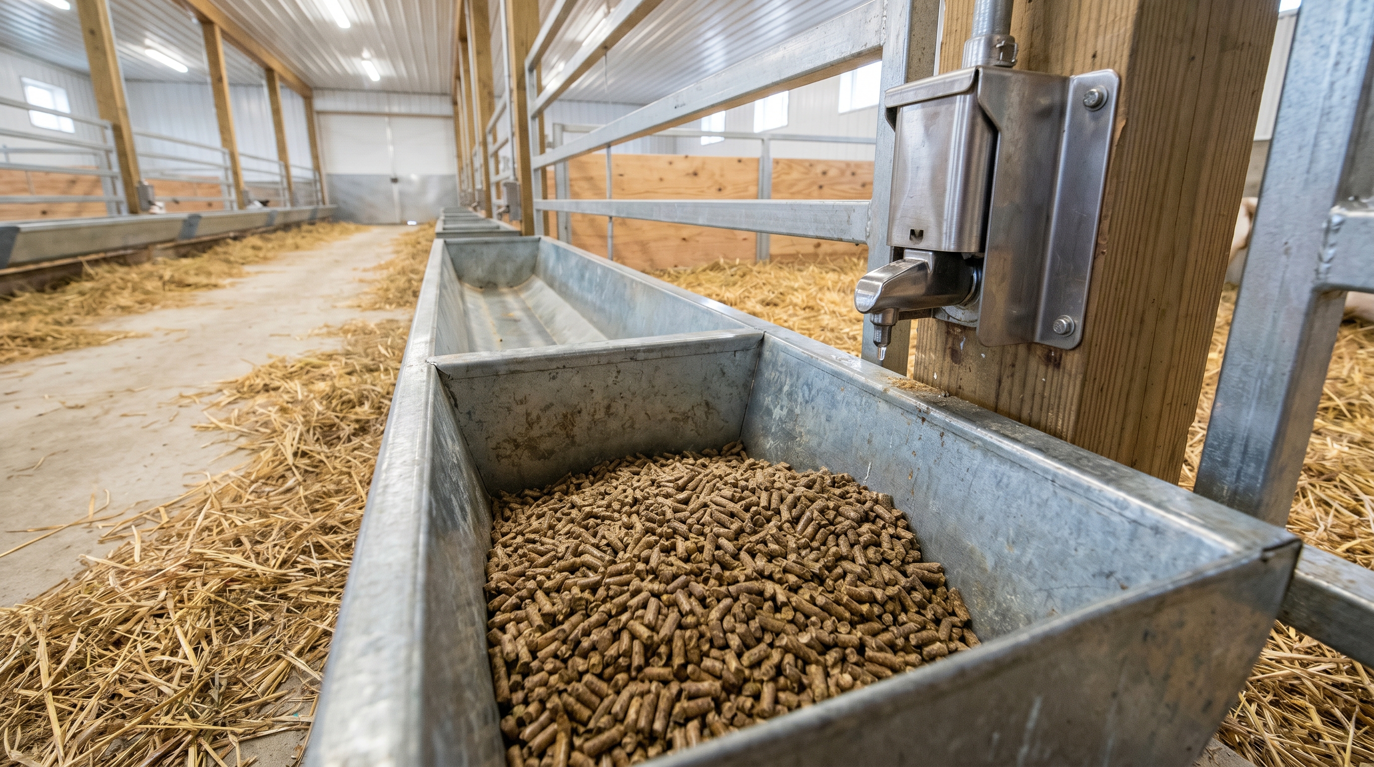 "Indoor barn feed trough filled with pellets, surrounded by straw bedding, with metal fencing and water tap."