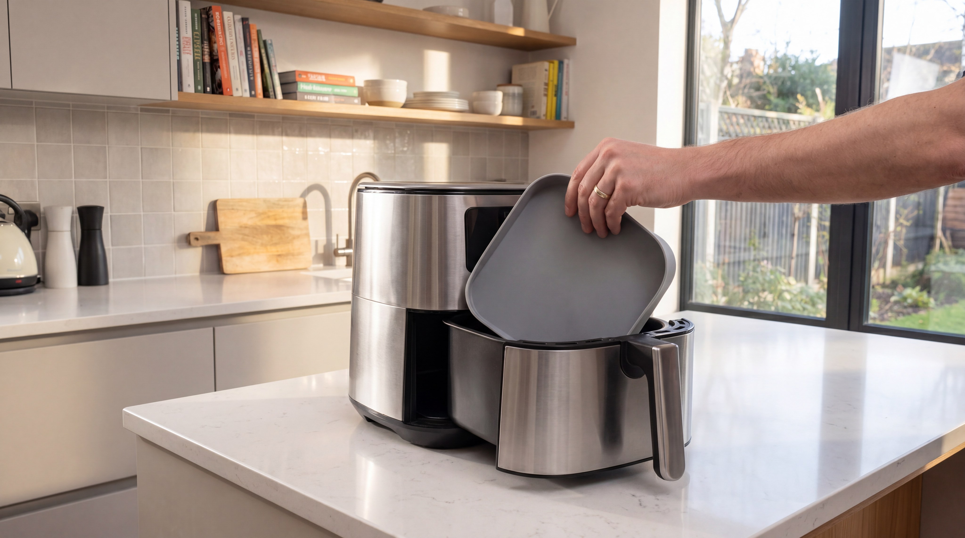 Placing a Grey Silicone Liner in Air Fryer