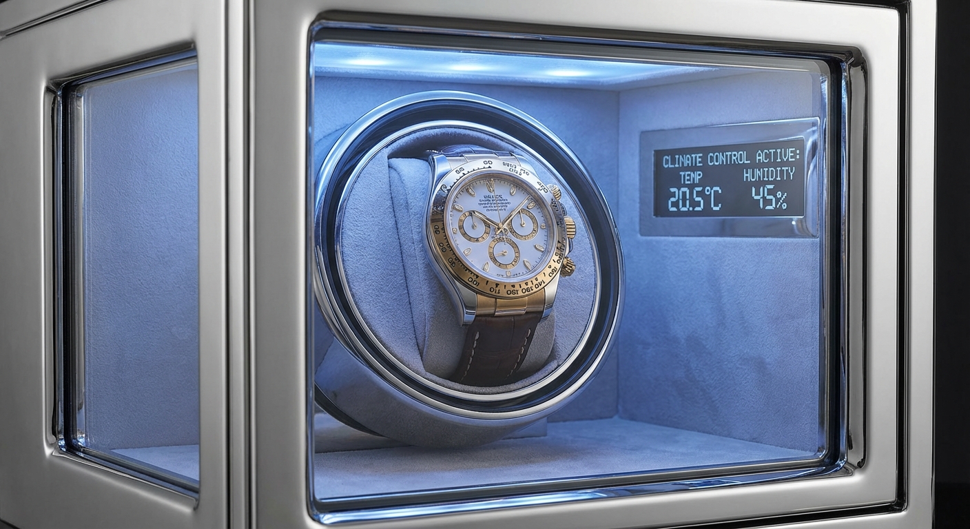 Interior of a safe showing a climate control display with a luxury watch