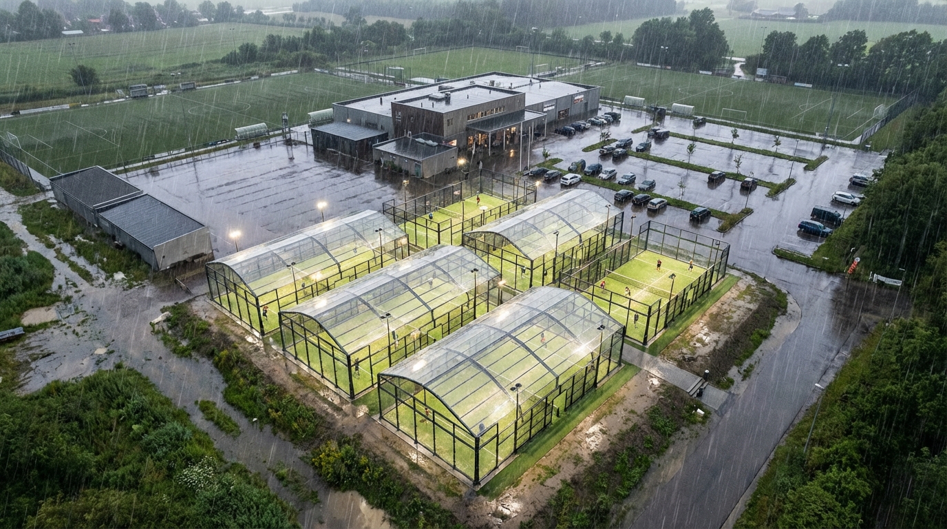 Aerial view of a massive indoor-outdoor sports complex with six roofed padel courts during rain