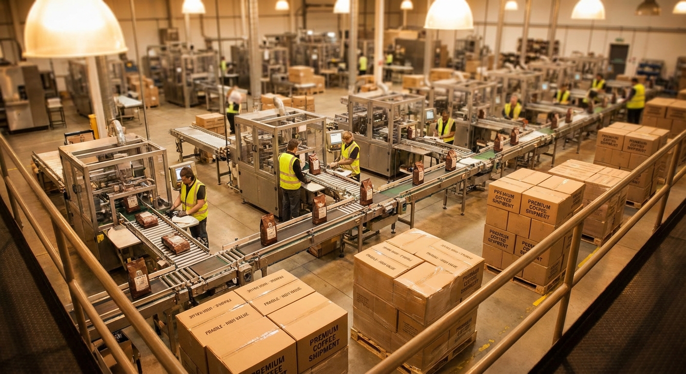 A conceptual image of a coffee packaging facility showing financial growth and ROI through automation.