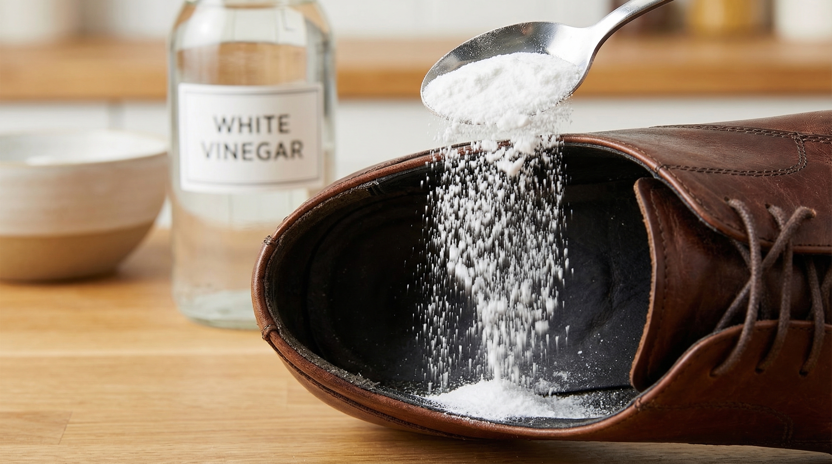 Pouring baking soda from a spoon into a leather dress shoe