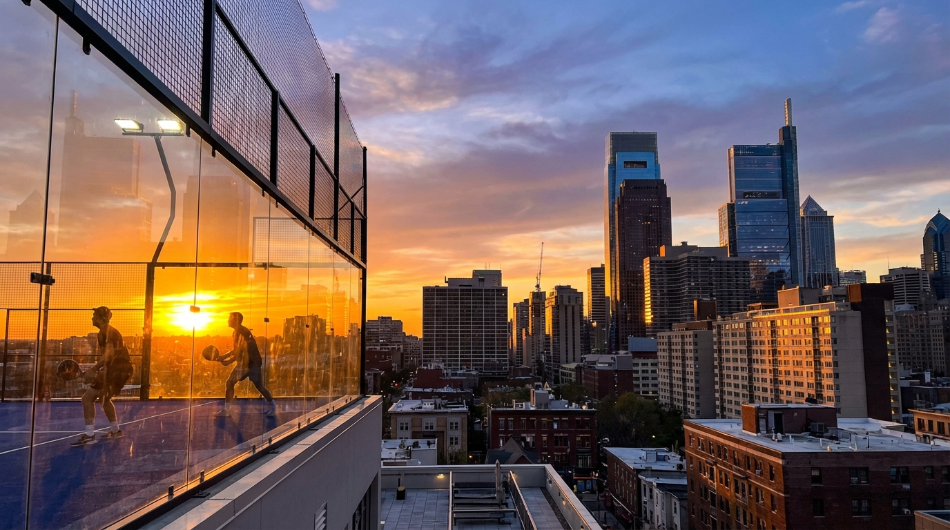 philadelphia rooftop padel sunset