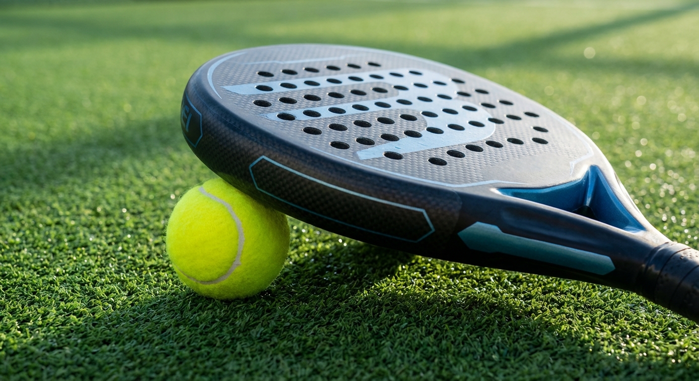 Padel racket and turf closeup