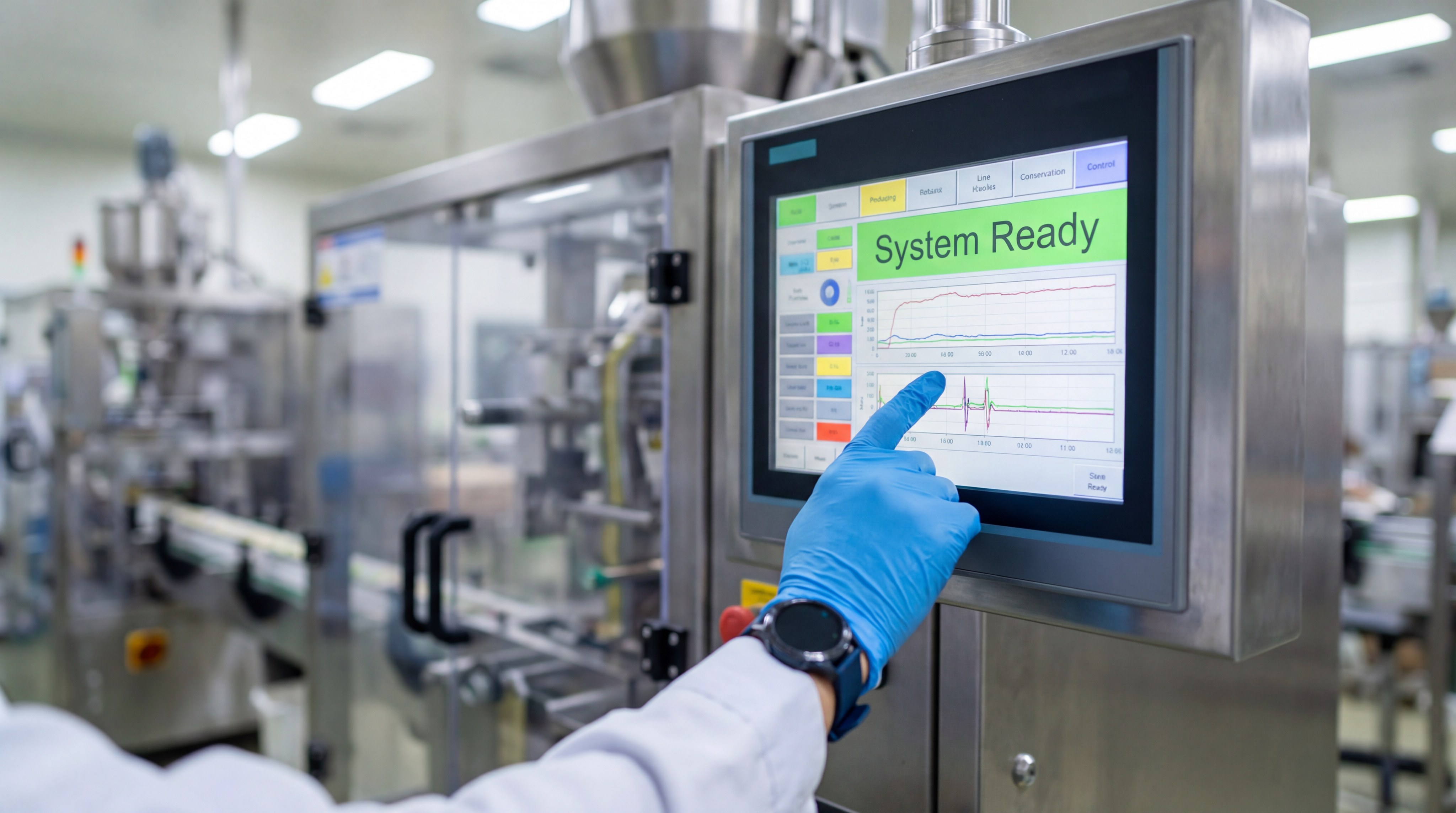 User-friendly HMI touchscreen for managing PLC control systems and packaging machine recipes.