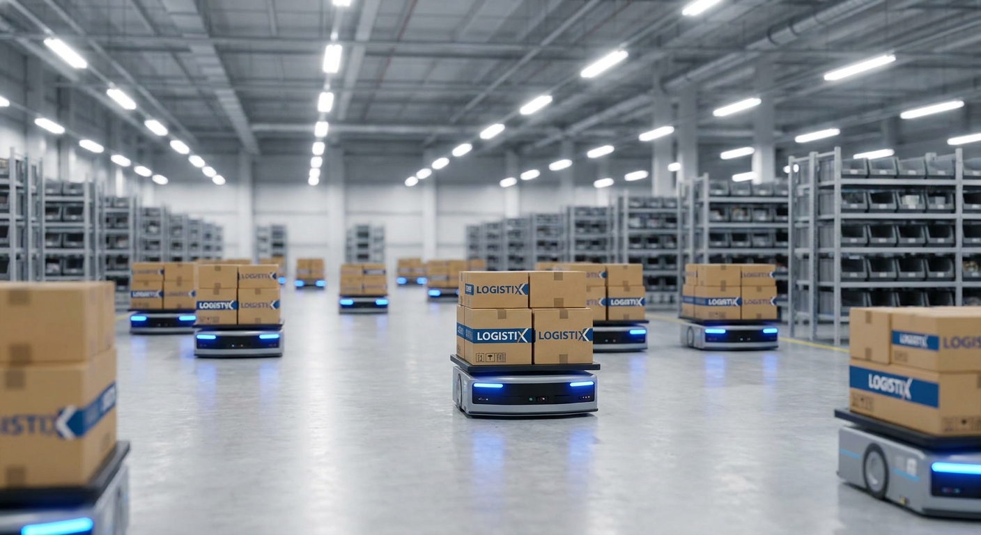 Modern automated warehouse processing dropshipping orders with rapid local delivery paths.