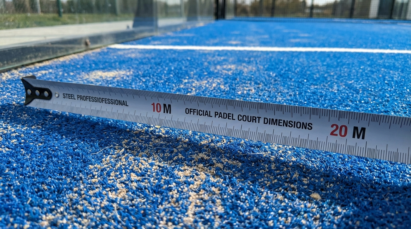 A tape measure showing dimensions on a blue padel court surface