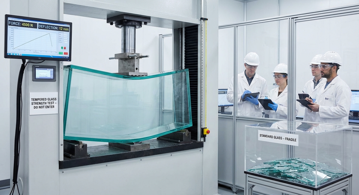 Photorealistic image of a glass strength testing laboratory showing a tempered pane undergoing a force deflection test