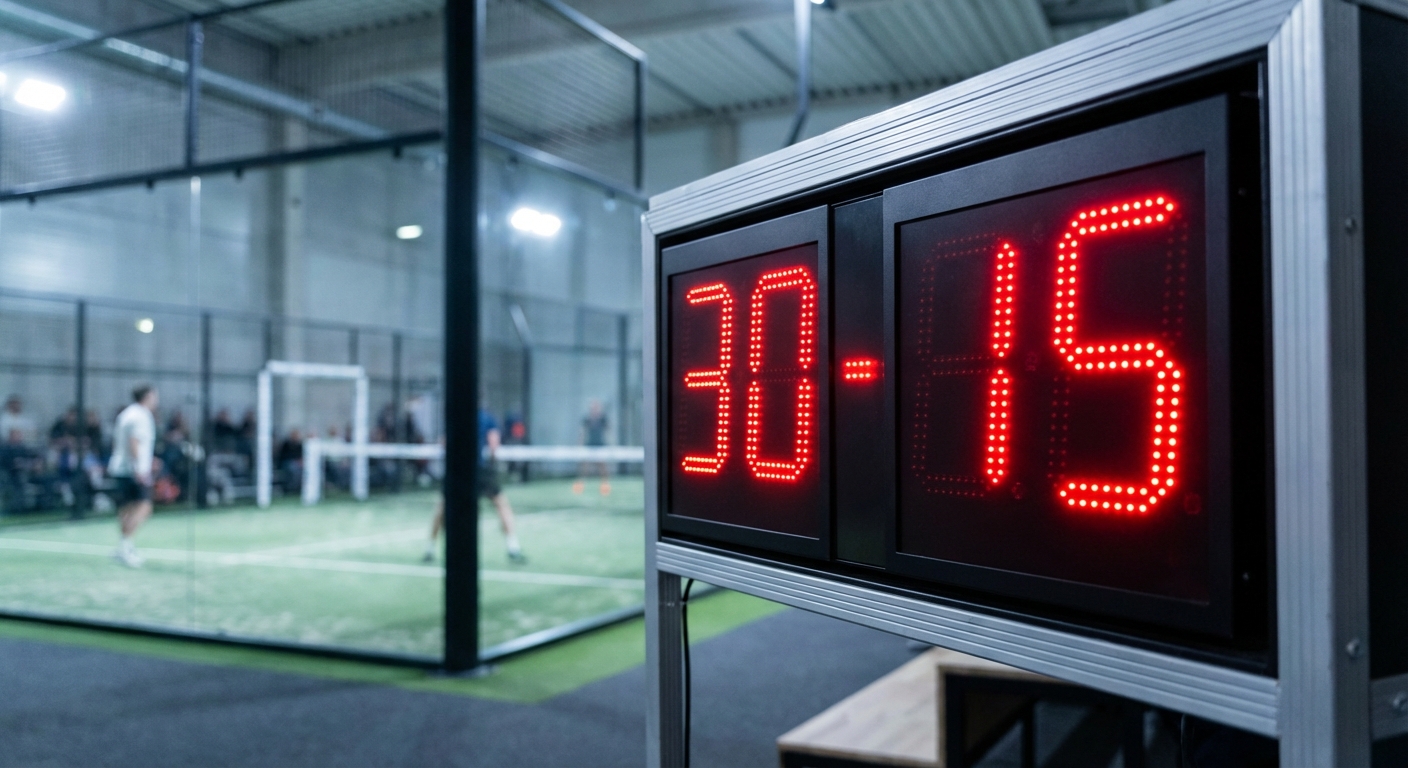 Photorealistic image of a professional padel scoreboard showing 30-15 in a high-end indoor club, focused on the digital numbers with a blurred court in the background.