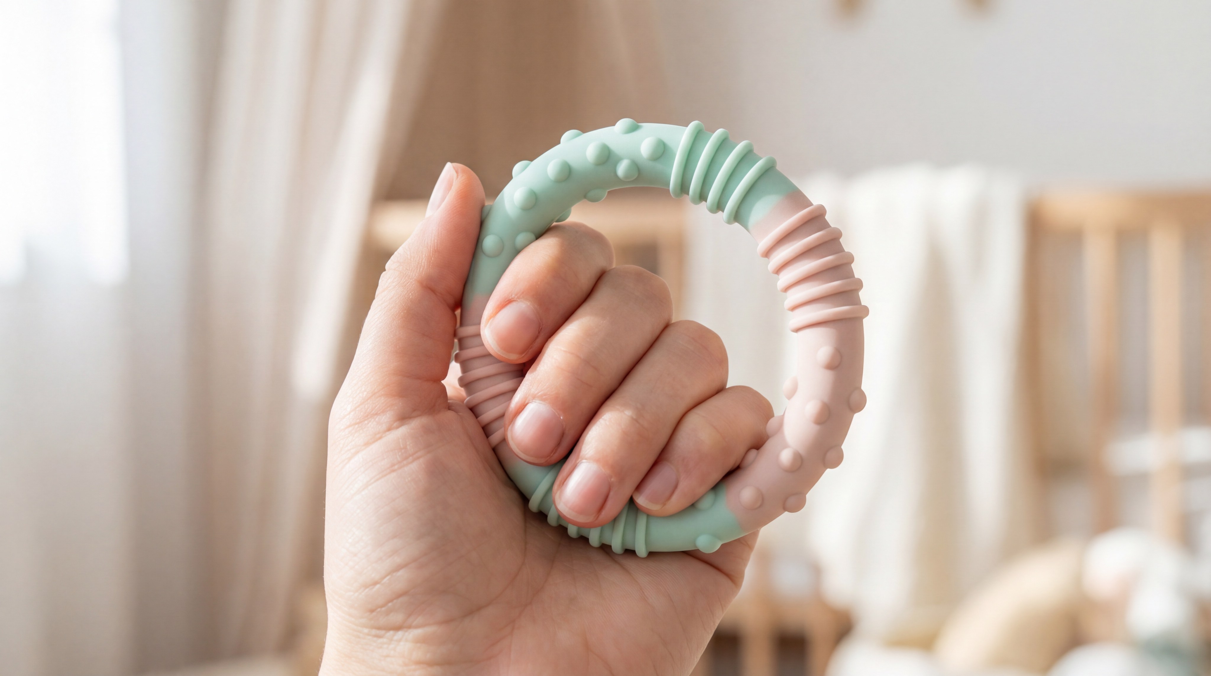 A 20A silicone component being stretched to demonstrate elasticity.