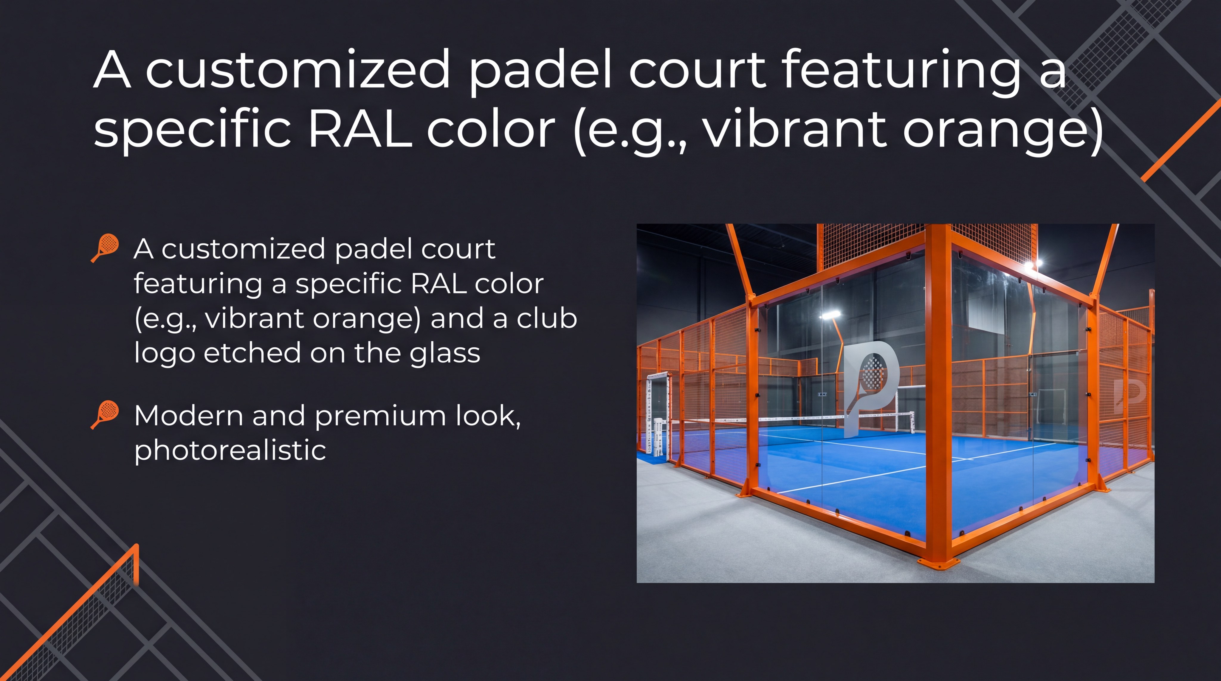 A customized padel court featuring a specific RAL color (vibrant orange) and a club logo etched on the glass
