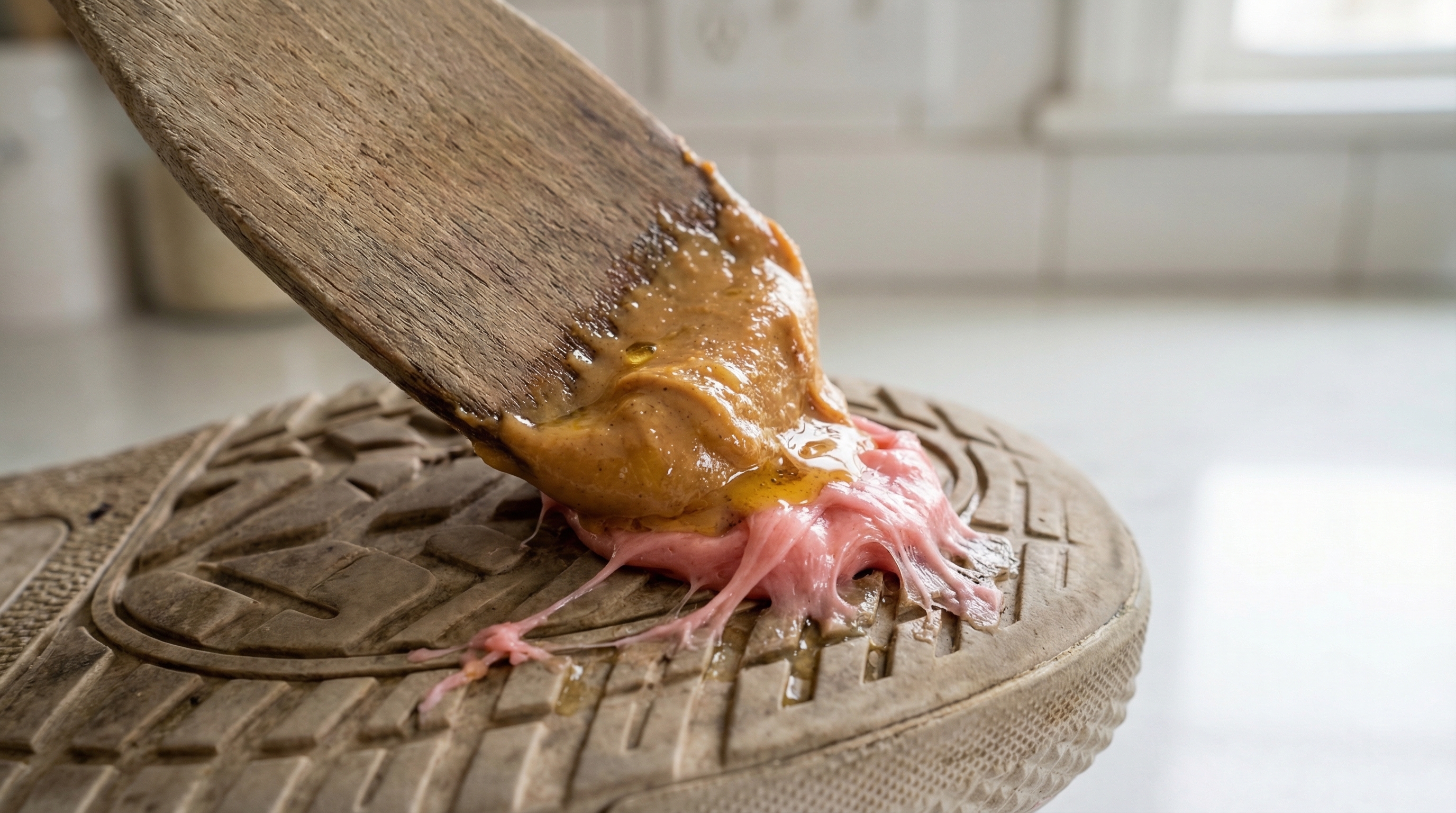 A detailed shot of creamy peanut butter being applied to a gum-covered sole with a wooden spatula, highlighting the texture of the gum starting to break down