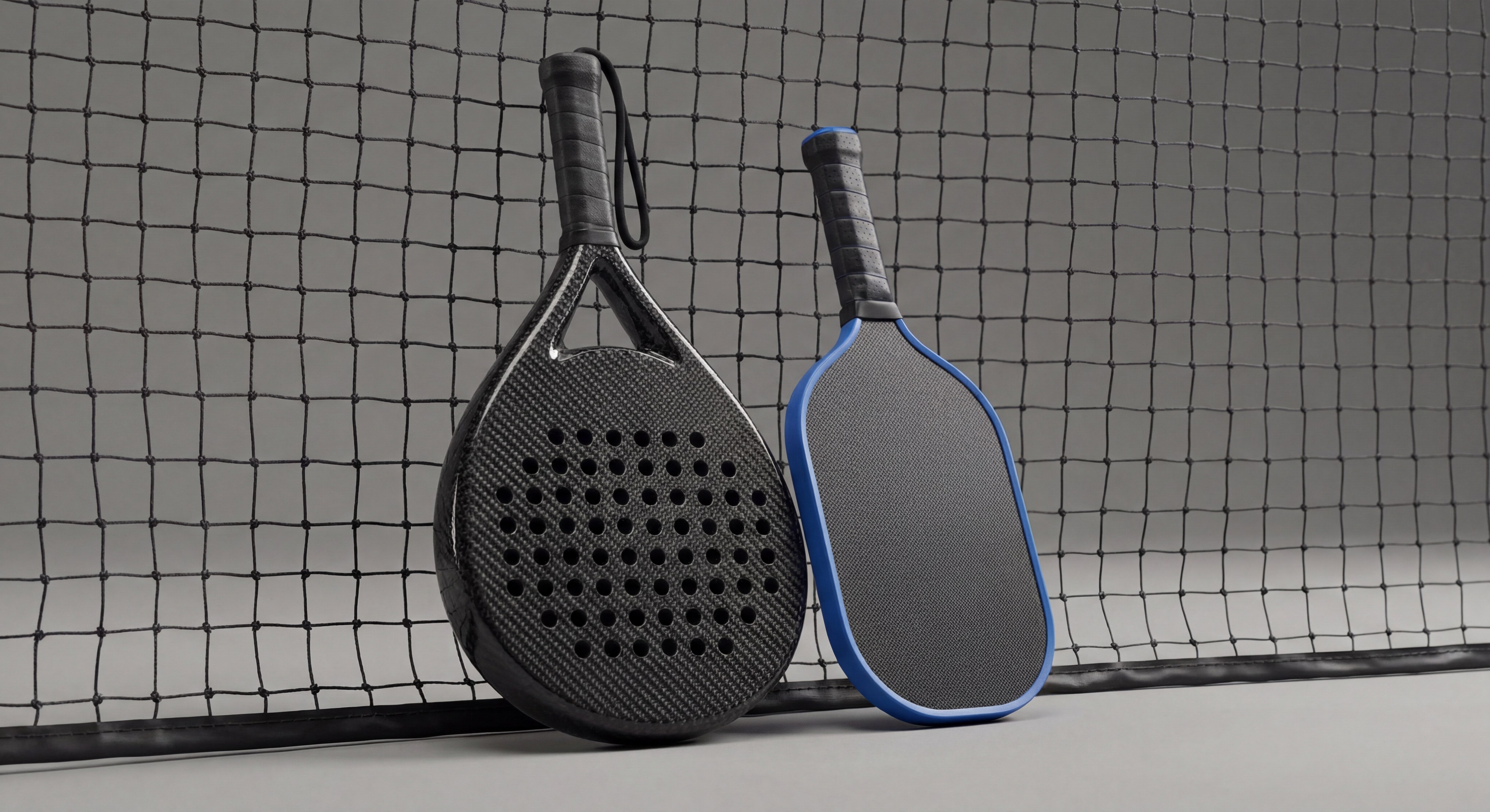 Studio shot of a padel racket and a pickleball paddle