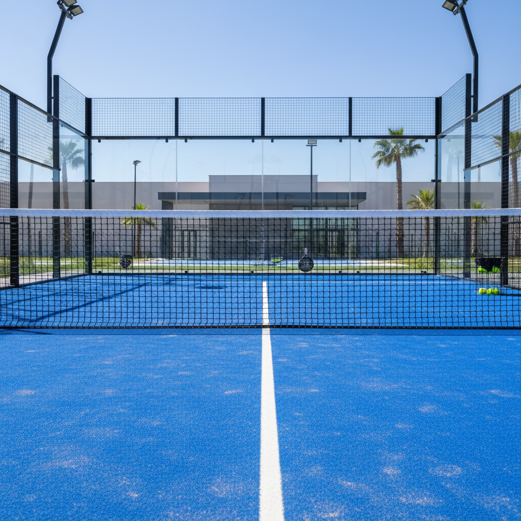 A photorealistic rendering of a premium indoor padel facility with high-end lighting and modern architectural features.