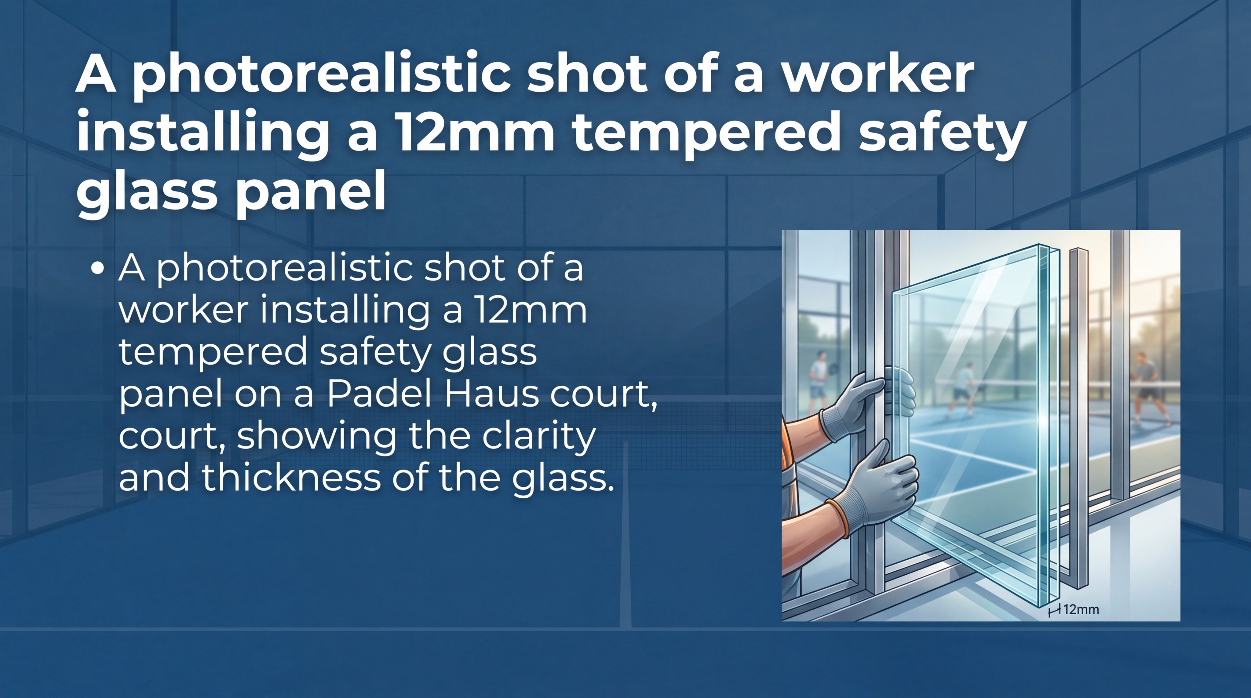 A photorealistic shot of a worker installing a 12mm tempered safety glass panel