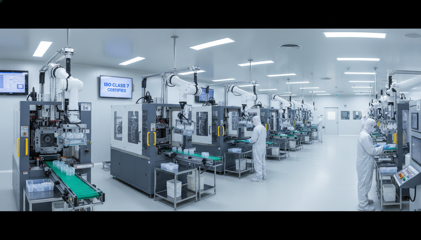 A wide shot of a sterile ISO-certified cleanroom manufacturing floor with LSR injection molding machines