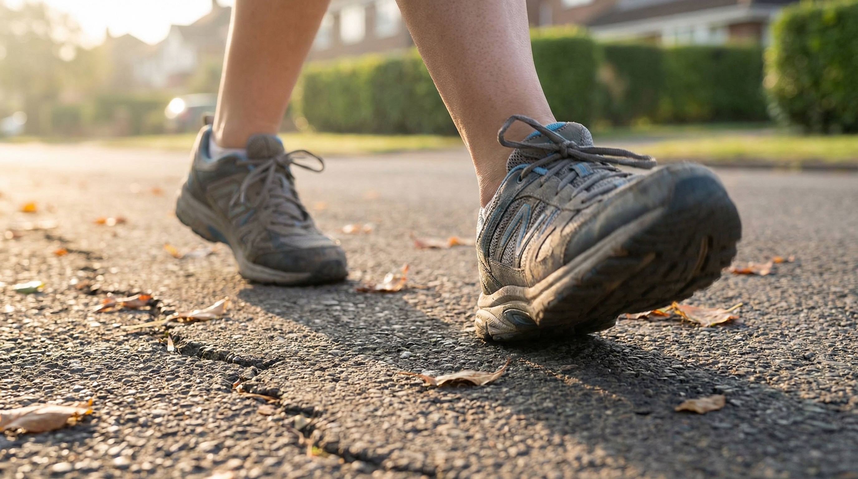 A person walking in athletic shoes on a paved residential street during sunset
