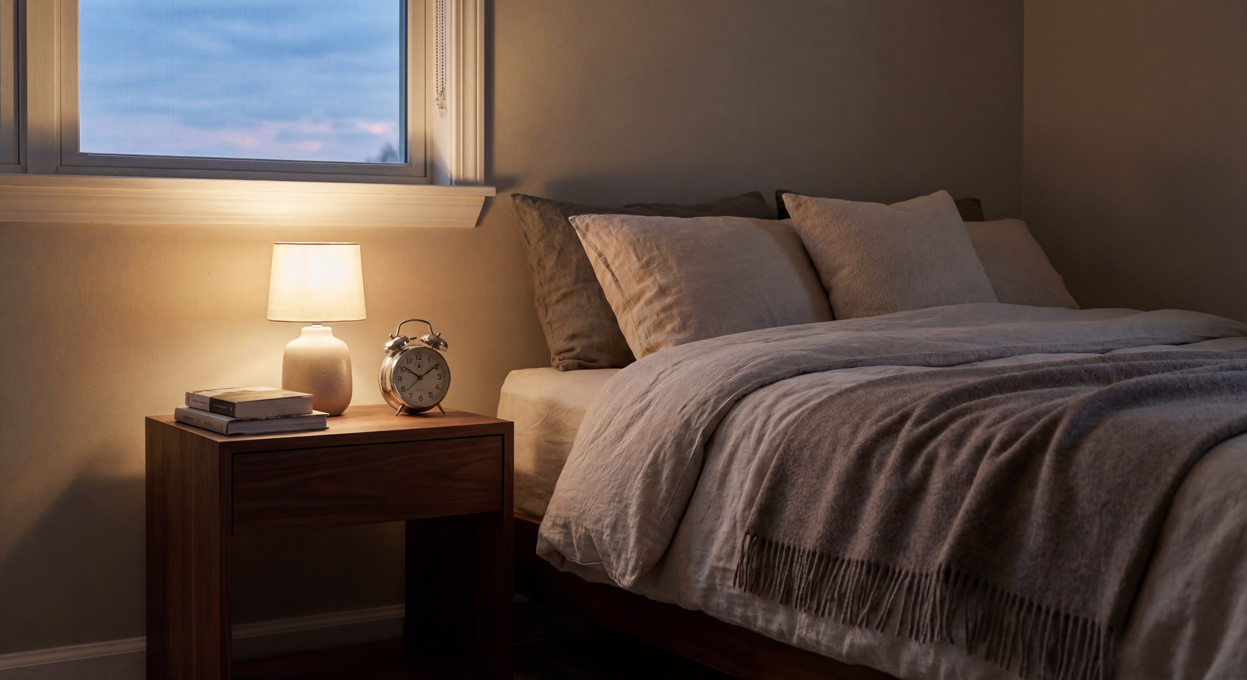 Minimalist walnut side table used as a nightstand with a lamp
