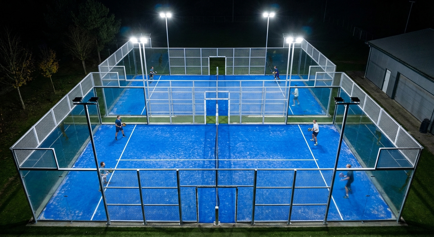 High-angle shot of IP66 LED floodlights illuminating a padel court at night, showing the clarity and lack of shadows on the playing surface.