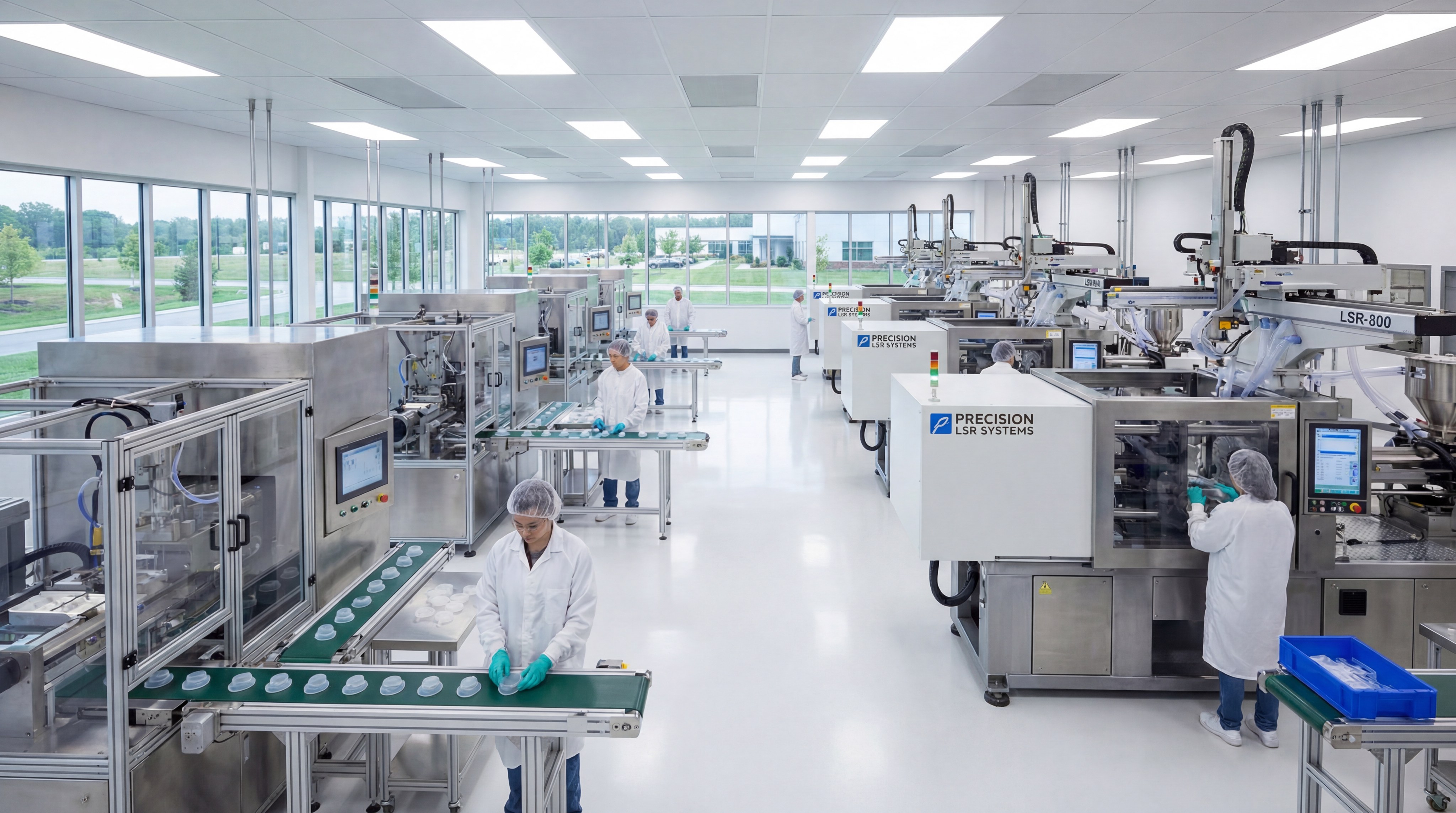 Silicone manufacturing facility with automated LSR injection molding machines