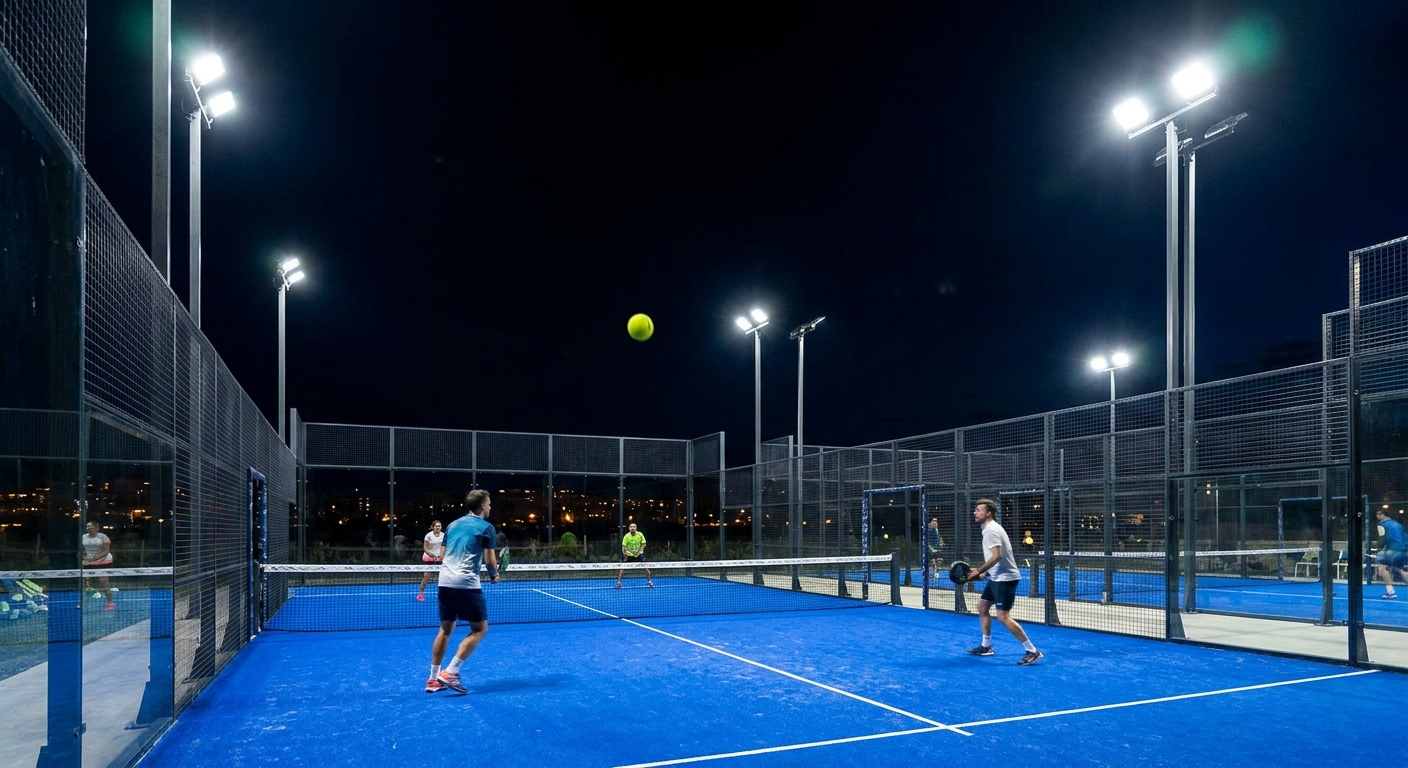 A night-time photorealistic shot of a padel court illuminated by vibrant, flicker-free LED floodlights, capturing the crisp contrast of the blue turf and yellow ball.