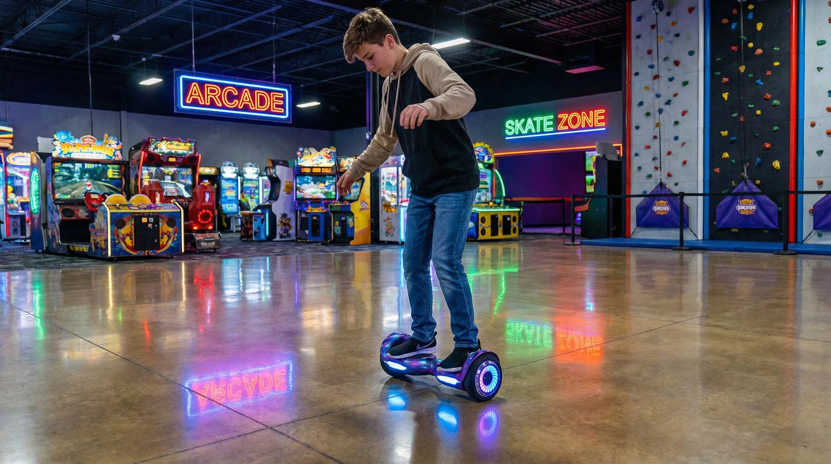 Teenager on hoverboard in recreation center