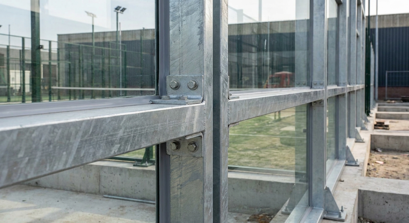 Closeup of galvanized steel joints and structural bolts of a padel court frame