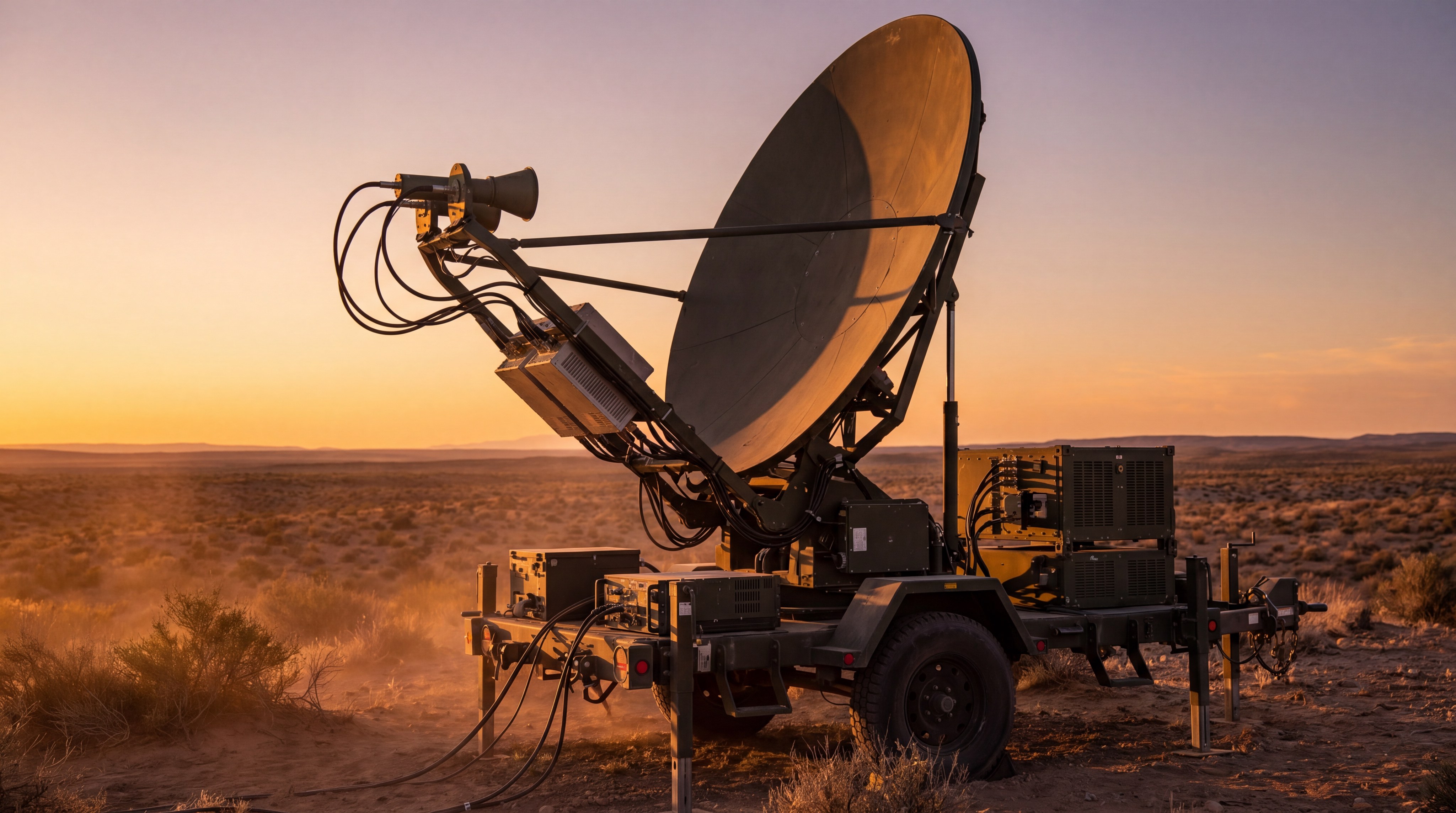 military_satellite_dish_desert_sunset